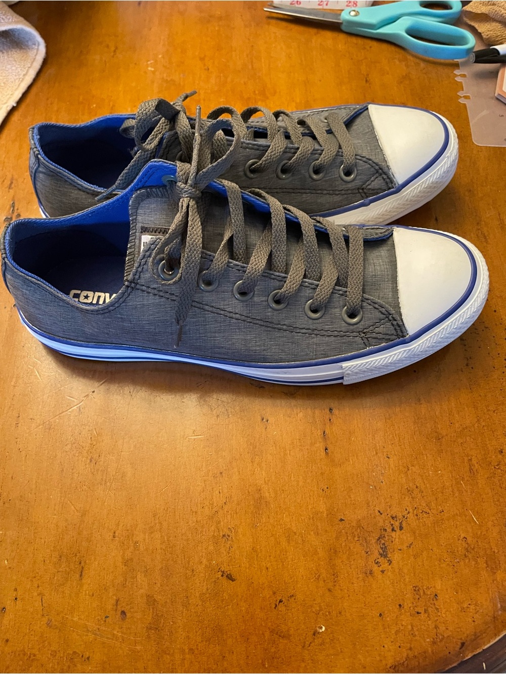 Converse Low Top Canvas Sneakers in Gray with Blue Trim